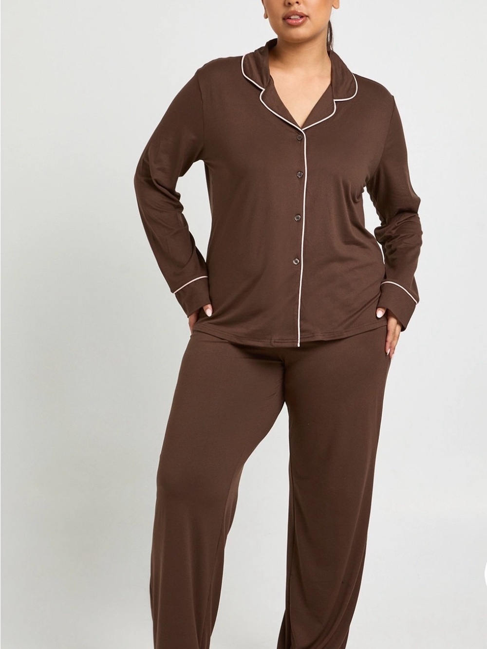Bamboo blend Brown Women's Pajama Set with Contrast Piping